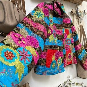 Artisan quilted patchwork jacket bejeweled embellish boho style hippy Gypsy vibe